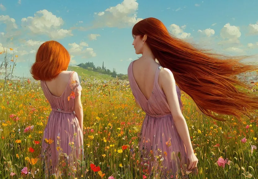 Image similar to a woman seen from behind from a distance with copper hair and a flowing yellow sundress dancing in a field of wildflowers, with cute - fine - face, pretty face, realistic shaded perfect face, fine details by realistic shaded lighting poster by ilya kuvshinov katsuhiro otomo, magali villeneuve, artgerm, jeremy lipkin and michael garmash and rob rey