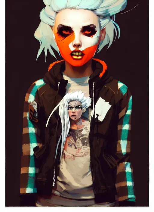 Prompt: highly detailed closeup portrait of a sewer punk lady student, tartan hoodie, white hair by atey ghailan, by greg rutkowski, by greg tocchini, by james gilleard, by joe fenton, by kaethe butcher, gradient, orange, black, brown and cream color scheme, grunge aesthetic!!! white graffiti tag wall background