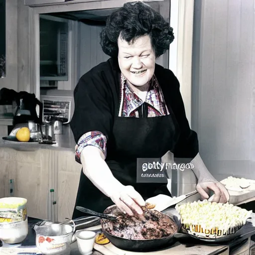 Image similar to color photo of julia child cooking show making corn dogs