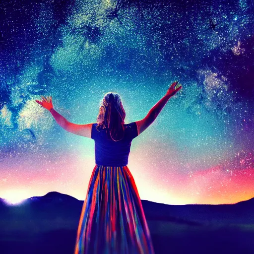 Image similar to a beautiful landscape of a starry sky with an beautiful woman waving to the horizon, cinematic, dramatic, color grading, photojournalism, colorful, highly detailed, album cover, with text vystava