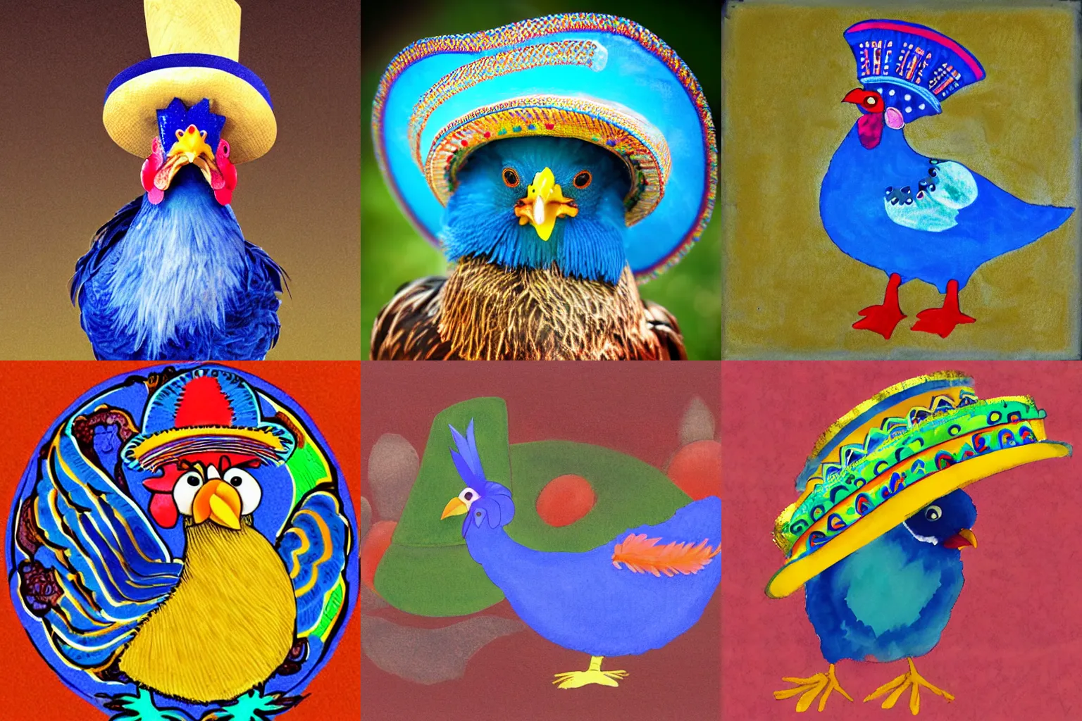 Prompt: blue chicken wearing a sombrero