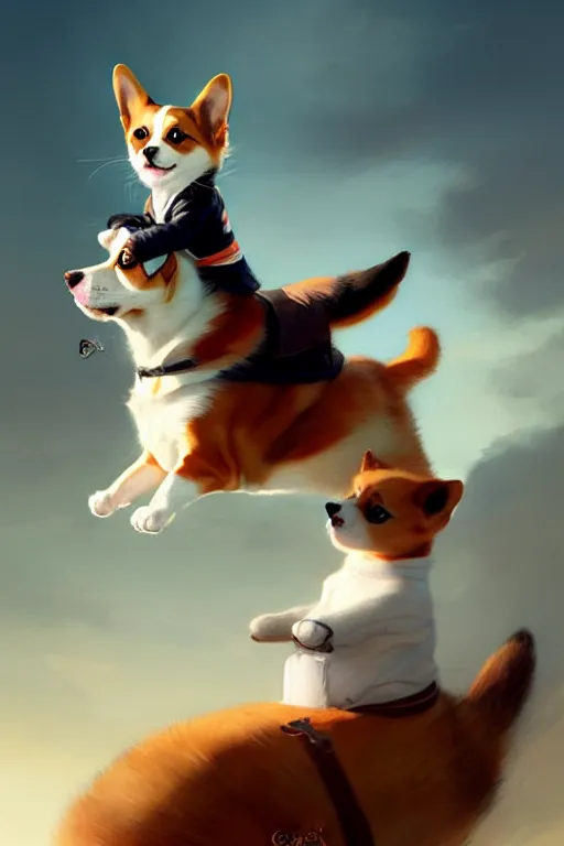 Image similar to tiny cat girl riding on the back of a giant corgi by greg rutkowski