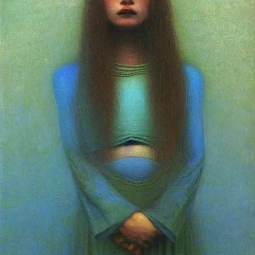 Prompt: young female in Cerulean dress painting by Beksinski