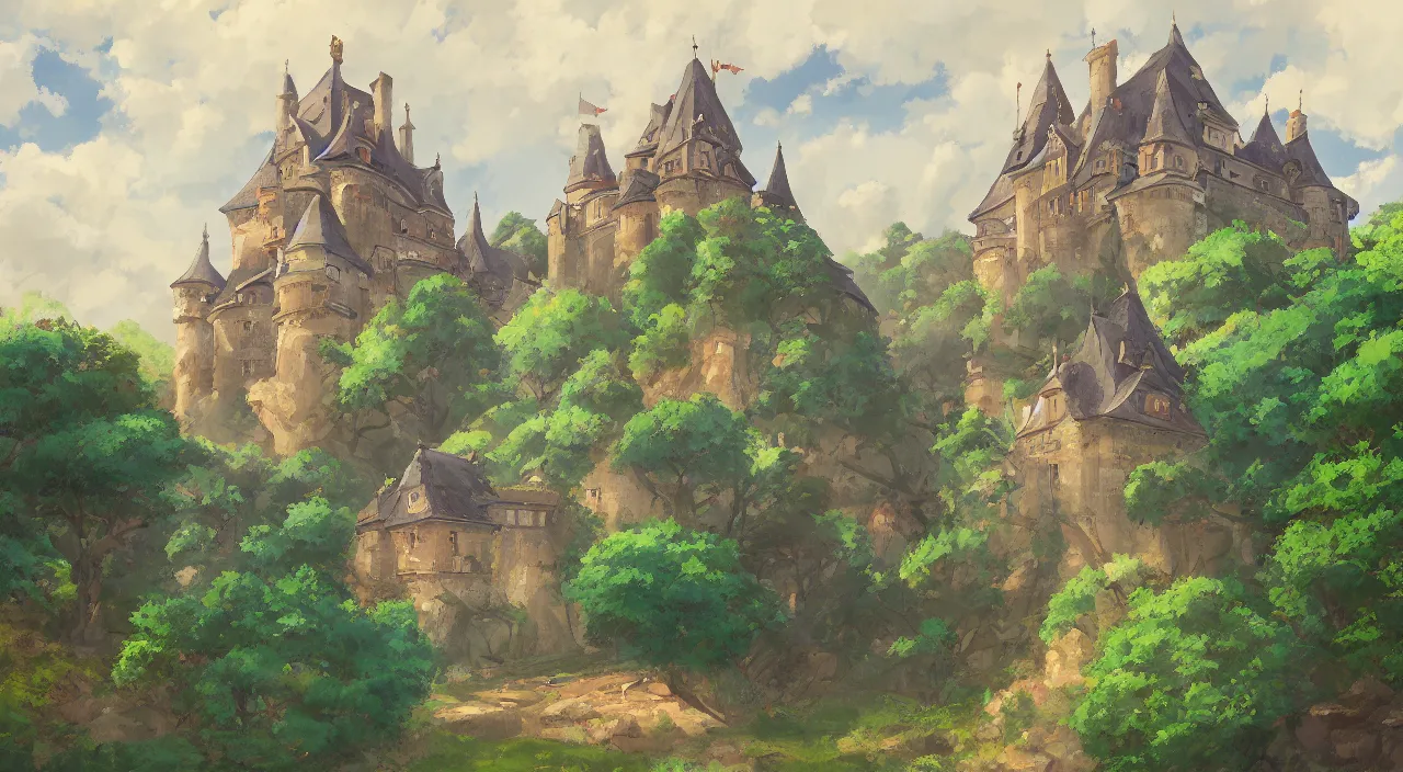 Image similar to a landscape painting of a French castle, with a square, in the style of anime, by Studio Ghibli, trending on artstation
