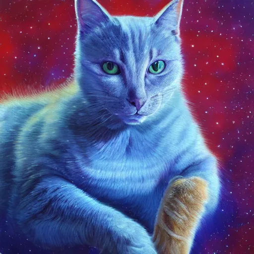 Prompt: cat, virus, antibodies, virus, antibodies in space. oil painting. vibrant. amazing painting. beautiful. high resolution. highly realistic. cool tones. close - up. 8 k. trending on artstation.