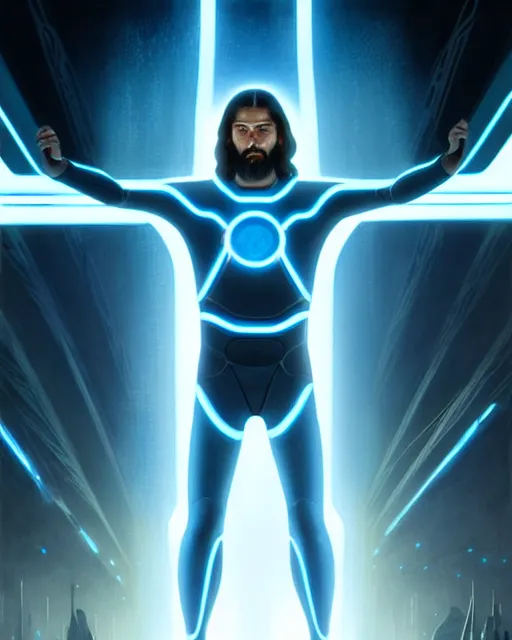 Prompt: tron legacy jesus performing miracles for a crowd, face, diffuse lighting, hyper realistic, concept art, intricate, hyper detailed, smooth, sharp focus, illustration, artstation, art by greg rutkowski and james gurney and alphonse mucha