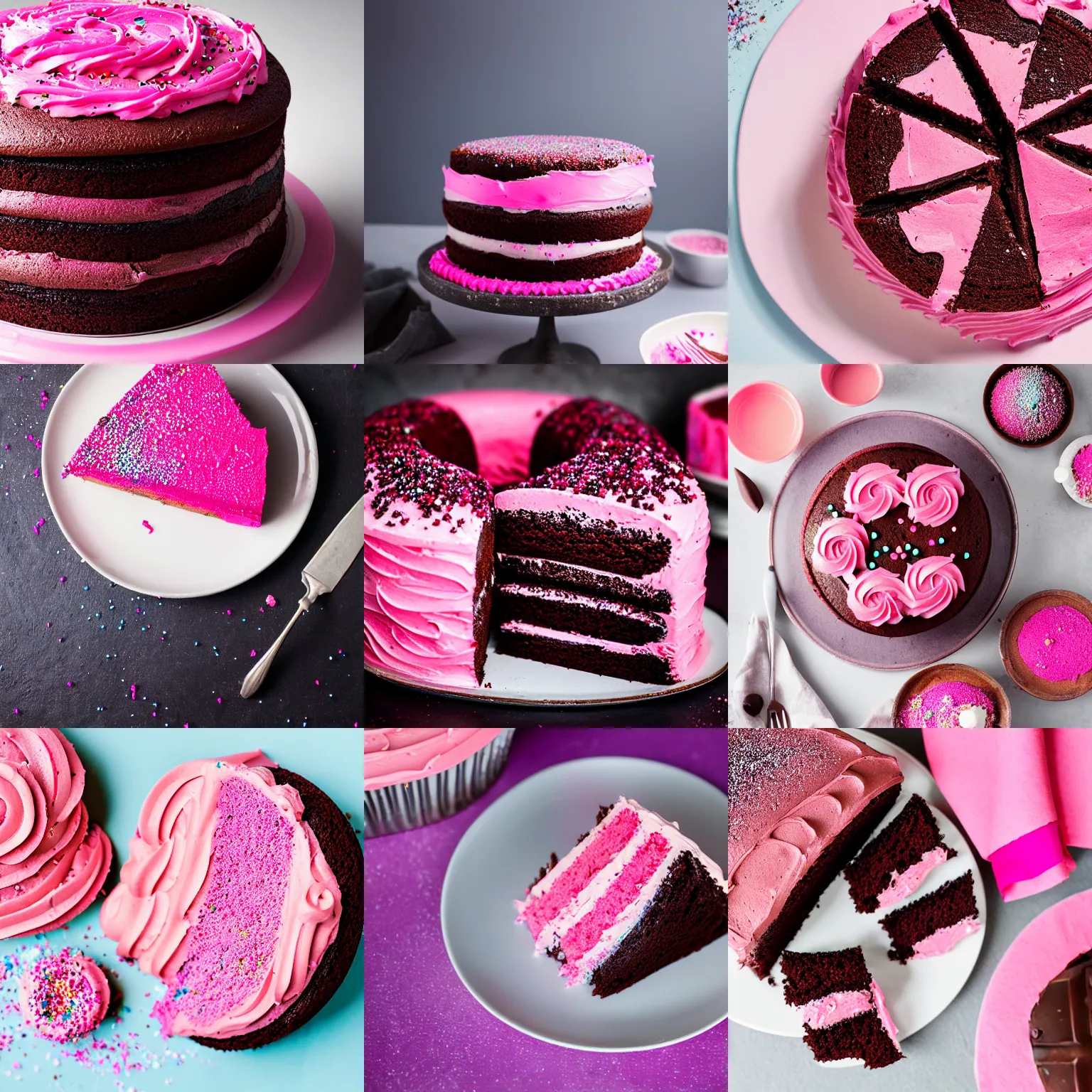 Prompt: chocolate cake with pink frosting and sprinkles, food photography, centered, studio lighting