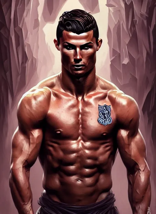 Image similar to portrait of cristiano ronaldo, d & d, muscular!, black, fantasy, intricate, elegant, highly detailed, digital painting, artstation, concept art, smooth, sharp focus, illustration, art by artgerm and greg rutkowski and alphonse mucha