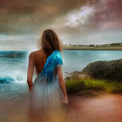 Image similar to magical water spirit woman looking towards the sea, dreamy atmosphere