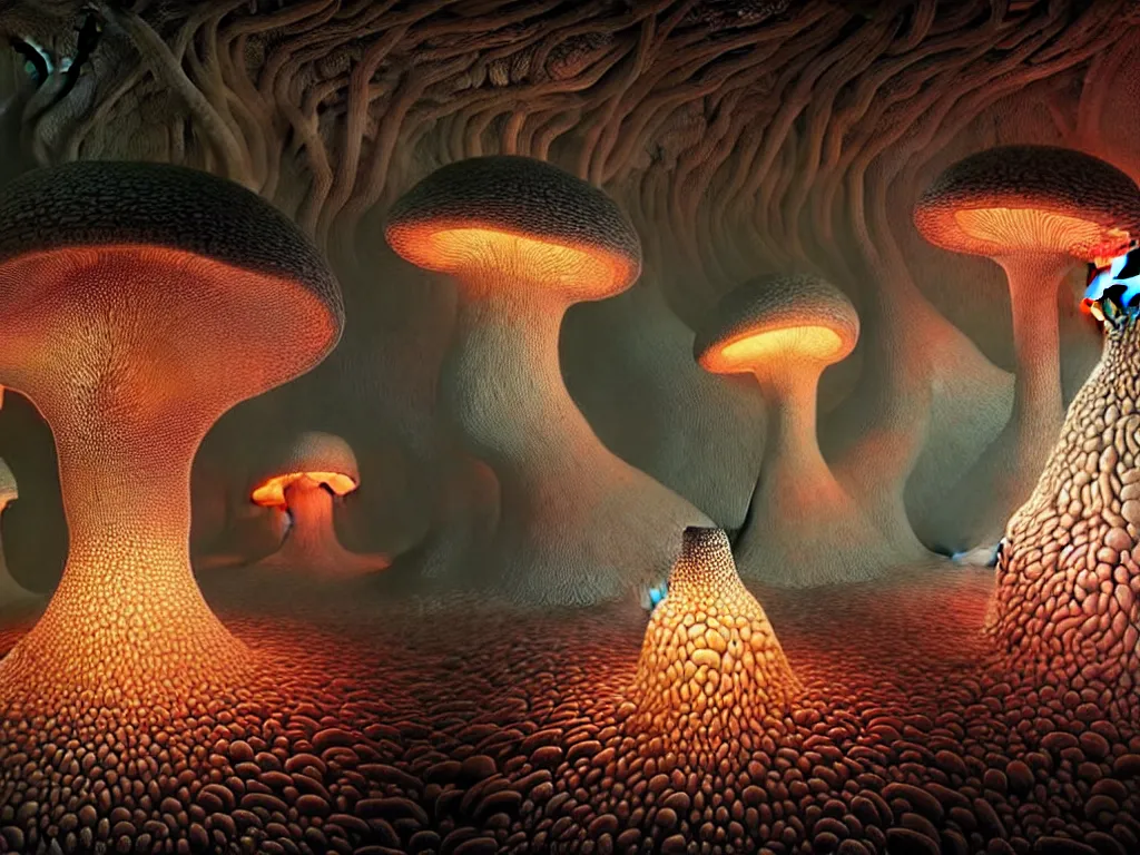 Prompt: hyper realistic gorgeous lighting, giant magic mushrooms in a dark crystal cave by zdzisław beksinski and daniel martin dias and ernst haeckel, cgi,, tryptamine, 8 k