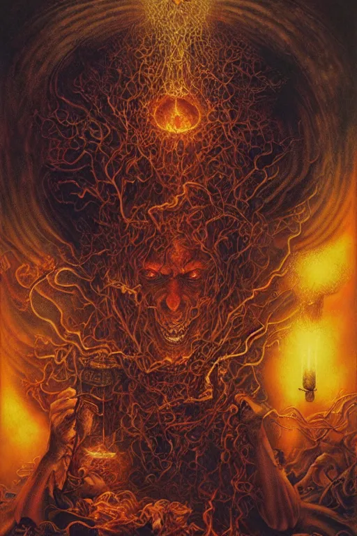 Image similar to hell, people suffering, evil spirits roam with lanterns, psychedelic lights and fog, zdzislaw, ayami kojima, yamamoto, barclay shaw, karol bak, hyperrealist, 8 k