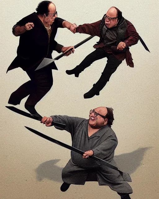 Prompt: “ george costanza and danny devito having a swordfight, very epic, digital art, greg rutkowski ”