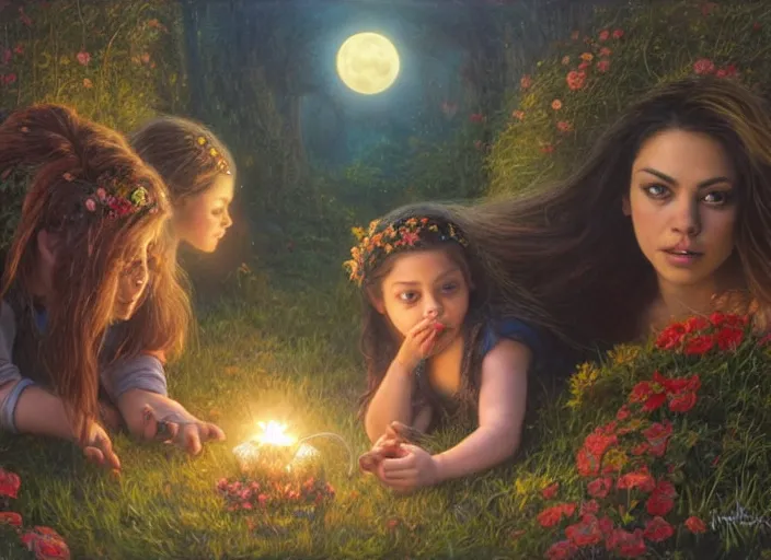 Image similar to Mila Kunis staring into the camera singing a lullaby, fireflies, full moon, Lilia Alvarado, Sophie Anderson, Mark Arian, Bob Byerley, Charlie Bowater, Mark Brooks, Steve Henderson, Justin Gerard, Arthur Hughes, Edward Robert Hughes, Mark Keathley, Victor Nizovtsev, Carlos Shwabe, Ross Tran, WLOP