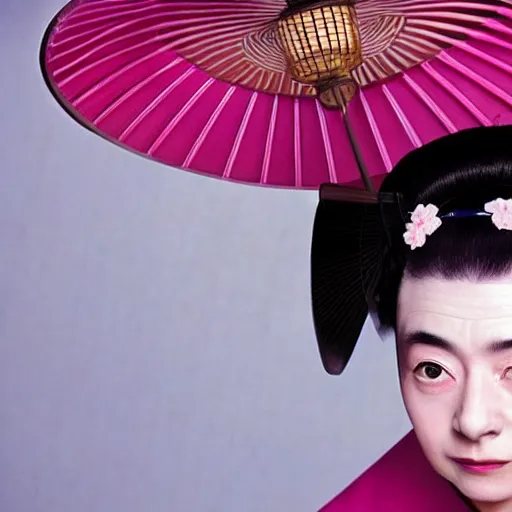 Image similar to rowan atkinson dressed as a traditional japanese woman, cinematic shot, dynamic lighting, close up, impressive winning photo, pastel colors