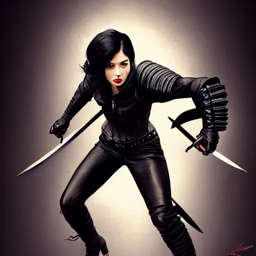 Image similar to an action photo of a black haired woman in a black leather jacket in a swordfight, muscular upper body, abs, d & d, fantasy, intricate, elegant, highly detailed, digital painting, artstation, concept art, smooth, sharp focus, illustration, art by artgerm and greg rutkowski and alphonse mucha