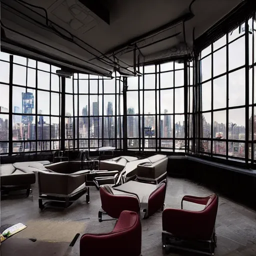 Prompt: feng zhu cyberpunk loft lounge with tall windows without people with city in background