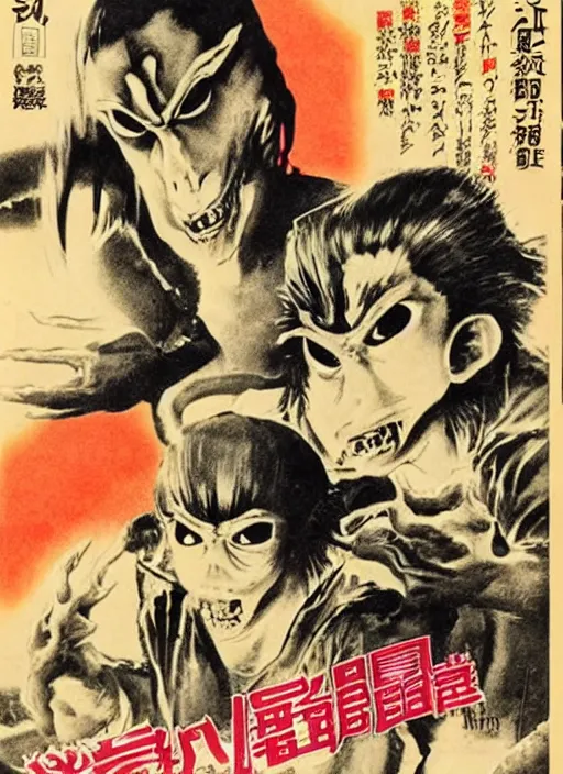 Prompt: vintage japanese movie poster with mutated nightmarish creatures, from a 1 9 8 0 s japanese horror movie