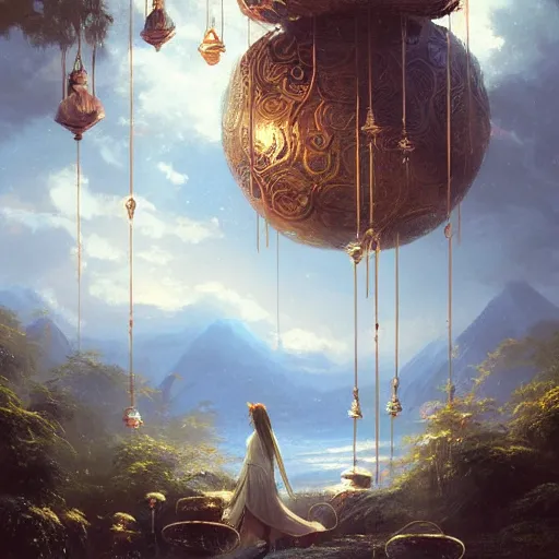 Image similar to painting of a god of wind enjoying his heavenly palace, decorated with windchimes and paper lanterns, stunning nature in background, art by greg rutkowski, cinematic