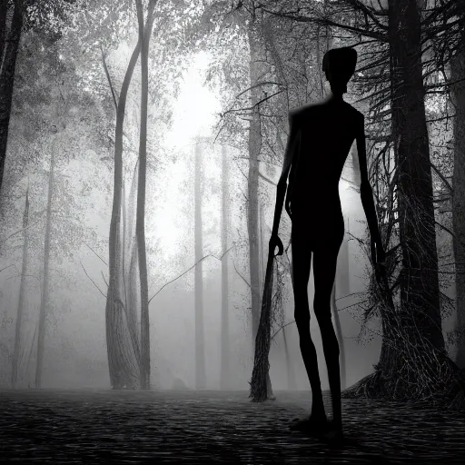 Image similar to photorealistic detailed tall skinny humanoid creature in a dark forest at night, extremly detailed, black and white, 8 k, realistic, sharp focus