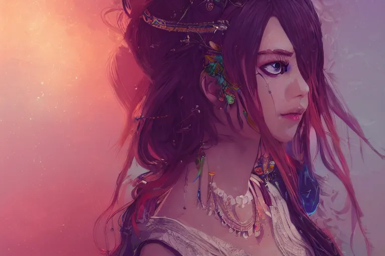 Prompt: a beautiful bohemian girl, intricate, highly detailed, digital painting, pixiv, human, official media, anime key visual, concept art, rich vivid colors, ambient lighting, sharp focus, illustration, art by wlop