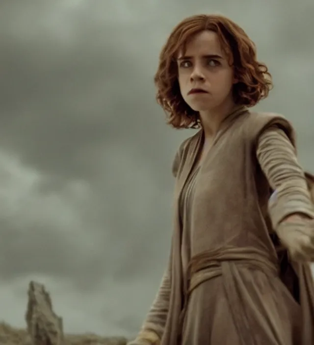 Image similar to hermione in star wars, movie still frame, hd, remastered, movie grain, cinematic lighting