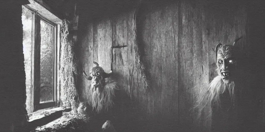 Prompt: 1 9 2 0 s spirit photography of an krampus ghost watching through a window in an old farmers hut in the dolomites, by william hope, farmer tools, wooden cross, haystack, dark, eerie, grainy
