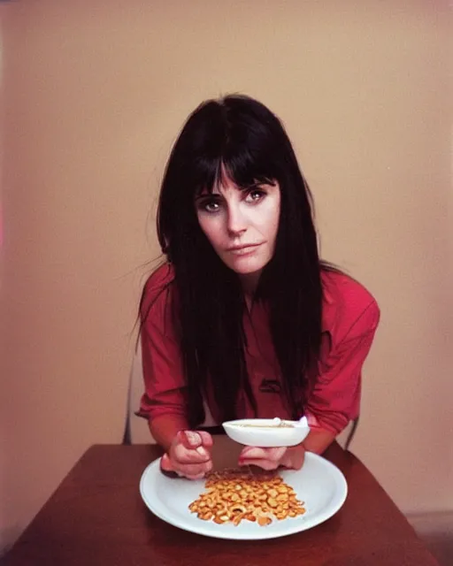 Image similar to 2 0 years old plump courtney cox eating cereal in her boyfriend's shirt, redshift, colour shift, wide shot, coloured polaroid photograph, pastel, kodak film, hyper real, stunning moody cinematography