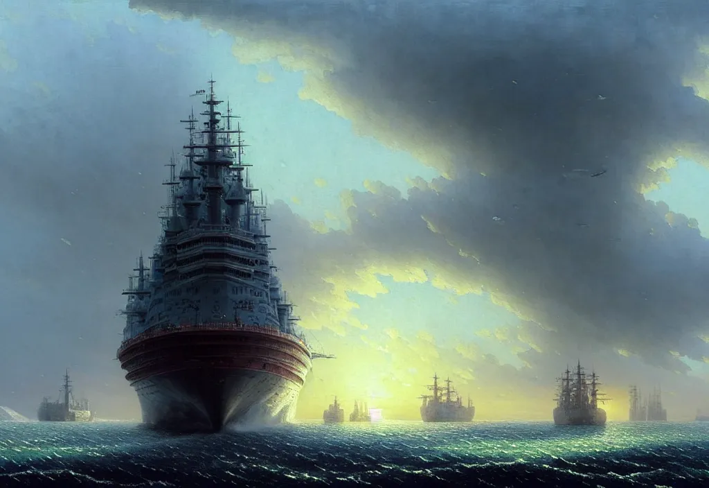 Prompt: enormous gigantic steel ship - shaped fortress - city sailing across an icy cold ocean. masterpiece, cinematic, hyperdetailed, photorealistic, hyperrealism, octane rendering, depth of field, bokeh, architecture, shadows, aerial view, art by ivan aivazovsky, geof darrow