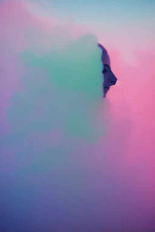 Image similar to high quality pastel coloured film close up wide angle photograph of a model wearing clothing swimming on cloud furniture in a icelandic black rock!! environment in a partially haze filled dreamstate world. three point light, rainbow. photographic production. art directed. pastel colours. volumetric clouds. pastel gradient overlay. waves glitch artefacts. extreme facial clarity. 8 k. filmic.