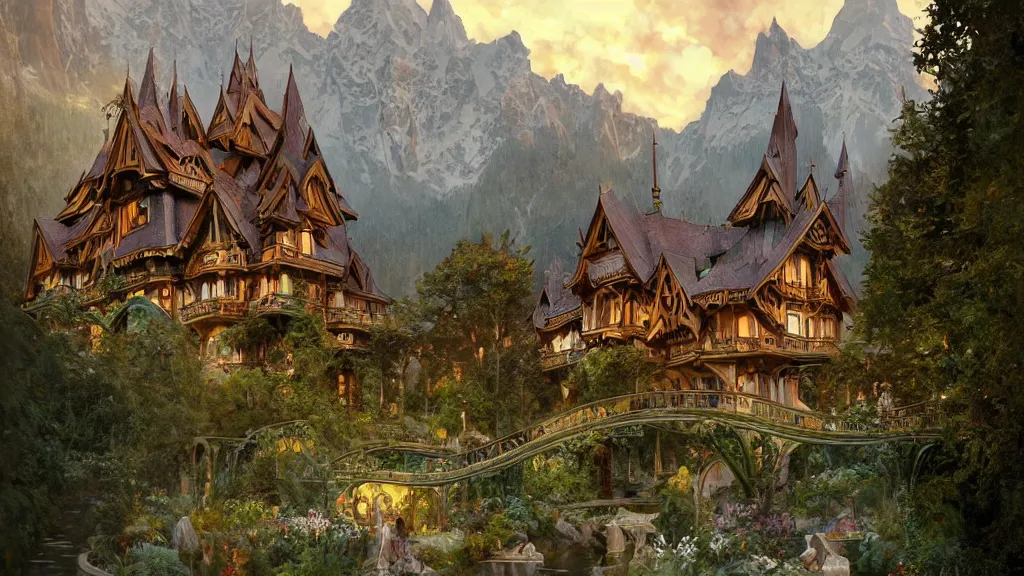 Image similar to a beautiful painting of art nouveau swiss chalet elven rivendell at sunrise in the distant mountains, intricate, elegant, highly detailed, digital painting, artstation, concept art, by krenz cushart and artem demura and alphonse mucha