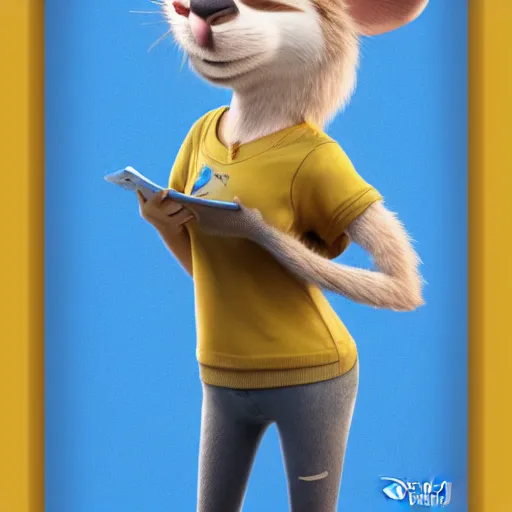 Image similar to 3 d render, portrait, mid shot, anthropomorphic mouse, female, blond fur, blue eyes, wearing denim short shorts, wearing a off yellow tank top shirt, solo, in the style of zootopia