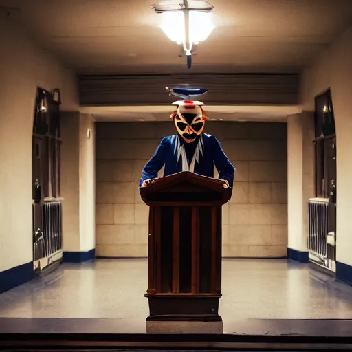 Prompt: man wearing guy fawkes mask at lectern speaking to university hall, photo, cinematic lighting