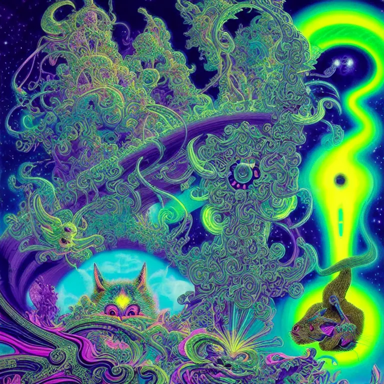 Image similar to mysterious cosmic kitten hovering over haunted mystical temple, infinite hallucinogenic fractal waves, # f 2 2 2 ff # 8 c 1 eff synthwave, bright neon colors, highly detailed, cinematic, eyvind earle, tim white, philippe druillet, roger dean, ernst haeckel, lisa frank, aubrey beardsley, kubrick, louis wain
