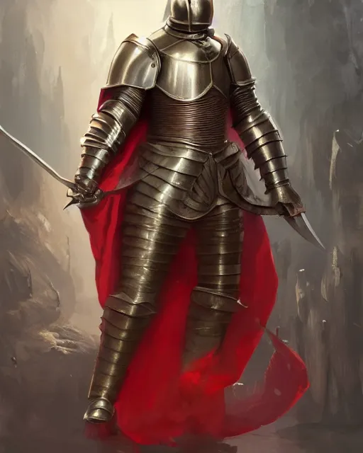 Image similar to A medieval knight wearing bronze plate armor and a red cloak, by Stanley Artgerm Lau, WLOP, Rossdraws, James Jean, Andrei Riabovitchev, Marc Simonetti, and Sakimichan, tranding on artstation