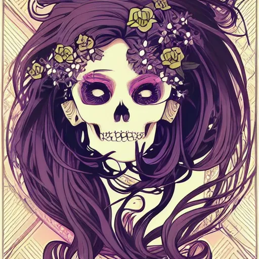 Image similar to anime manga skull portrait woman hair floral details comic skeleton illustration style by Alphonse Mucha and James Jean and Sainer Etam pop art nouveau