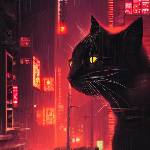 Prompt: a detailed matte painting of a black cat with red led eyes, the cat is in a intricately detailed neo cyberpunk Japanese city, by Ismail Inceoglu , concept art, featured on cgsociety