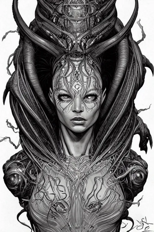 Prompt: beautiful and exotic and other-worldly alien queen bust portrait, sparkling eyes + frontal declotage with thick flowing hair, perfectly symmetrical facial features and muscle anatomy, ultradetailed art and illustration by bill sienkiewicz and chris bachalo and travis charest and chris achilleos, fantasy, intricate complexity, scientific human structure, accurate human anatomy, fantasy character concept, mixed media, watercolor, bleed, hyperrealism 8k
