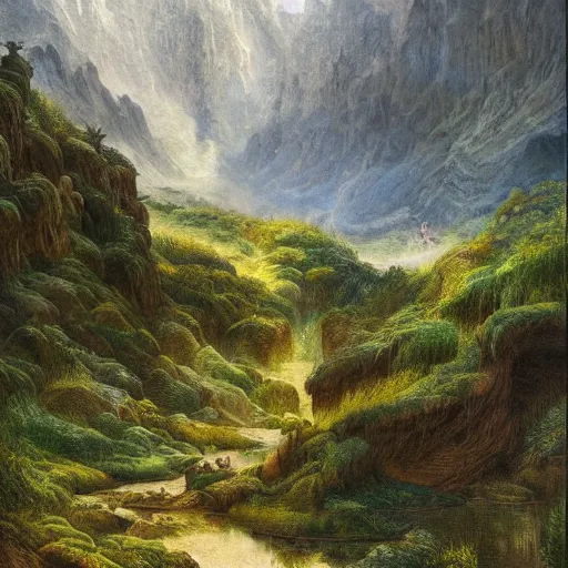 Image similar to a beautiful and highly detailed oil painting of a lost valley in the mountains, intricate details, epic scale, insanely complex, 8 k, sharp focus, hyper realism, fantasy landscape, psychedelic, by caspar friedrich,