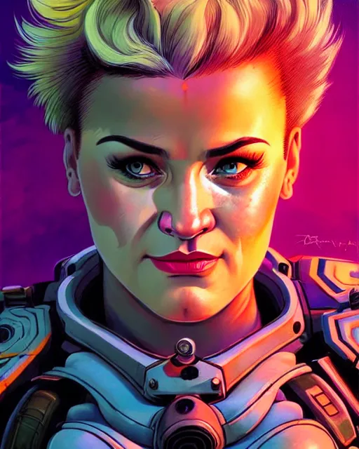 Prompt: zarya from overwatch, crazy look in his eyes, character portrait, portrait, close up, concept art, intricate details, highly detailed, vintage sci - fi poster, retro future, in the style of chris foss, rodger dean, moebius, michael whelan, and gustave dore