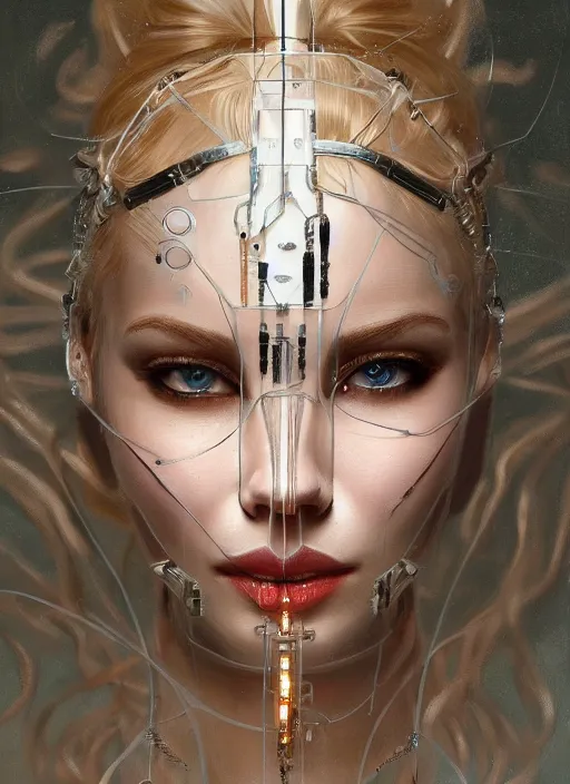 Image similar to symmetry! elsa jean, machine parts embedded into face, tubes and cables, intricate, elegant, highly detailed, digital painting, artstation, concept art, smooth, clockwork, sharp focus, illustration, art by artgerm and greg rutkowski and alphonse mucha, 8 k