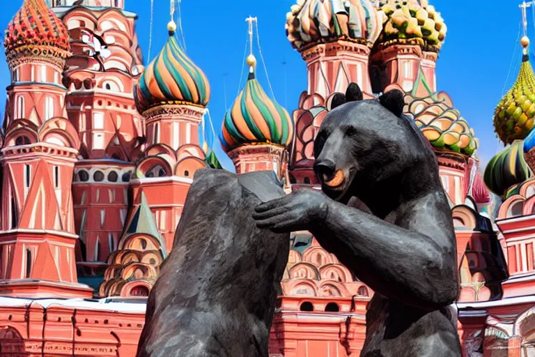Prompt: a gigantic statue of bear in the middle of the red square, excited russians, symmetry, awesome exposition, very detailed, highly accurate, 8 k
