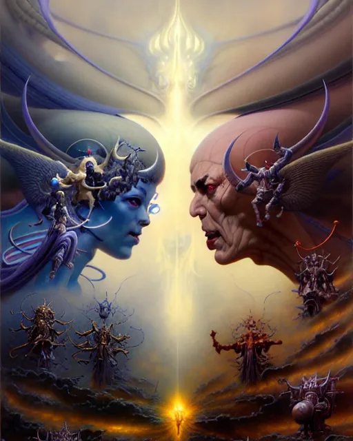 Image similar to the armies of heaven and hell, fantasy character portrait made of fractals facing each other, ultra realistic, wide angle, intricate details, the fifth element artifacts, highly detailed by peter mohrbacher, hajime sorayama, wayne barlowe, boris vallejo, aaron horkey, gaston bussiere, craig mullins