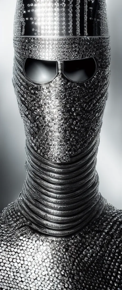 Image similar to hyperrealist highly detailed portrait of high fashion warrior wearing reflective mirror mirrored reflection armor, concept art pascal blanche dramatic studio lighting 8k wide angle shallow depth of field