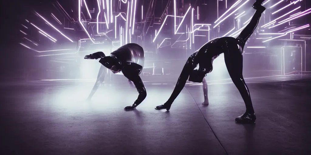 Prompt: break dancer wearing black latex with neon lights, long exposure shot, tron, cinematic view from lower angle, fog on the floor