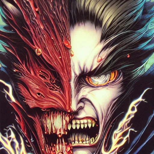 Image similar to closeup of face melting, vampire, catelvania, by yoichi hatakenaka, masamune shirow, josan gonzales and dan mumford, ayami kojima, takato yamamoto, barclay shaw, karol bak