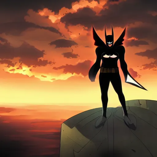 Prompt: Anime batman with a sword looking at sunset, Anime style, concept art, 8k