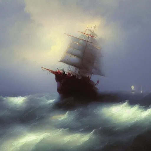 Prompt: a lonely ship drifting amongst the thunder clouds , fog and heavy storm concept art in style of Ivan Aivazovsky