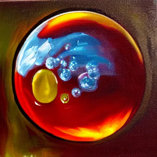 Prompt: soap bubble with fireball inside, oil painting