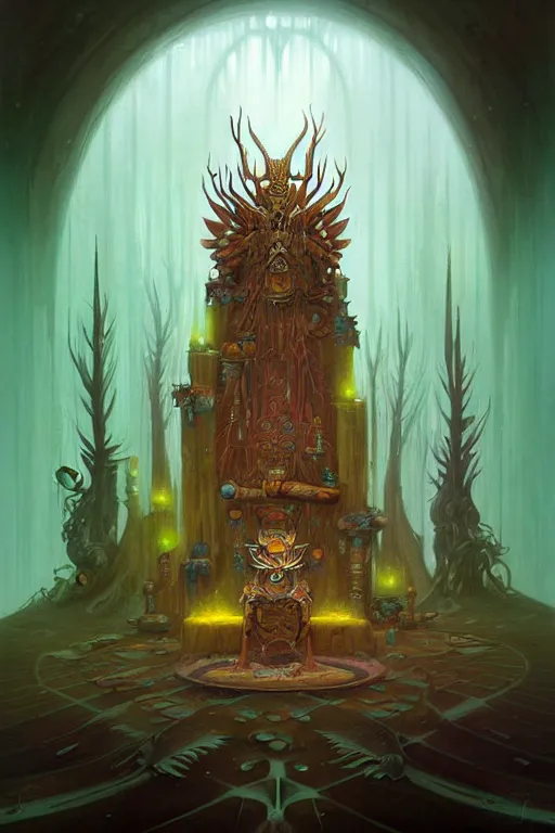 Prompt: Throne Room of the Shaman Owl King, by Peter Mohrbacher