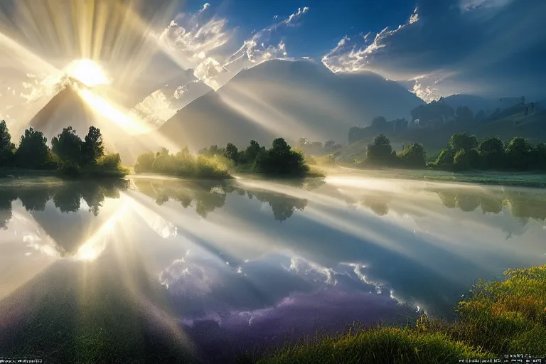 Image similar to landscape photography of bucharest by marc adamus, morning, mist, rays of light, beautiful